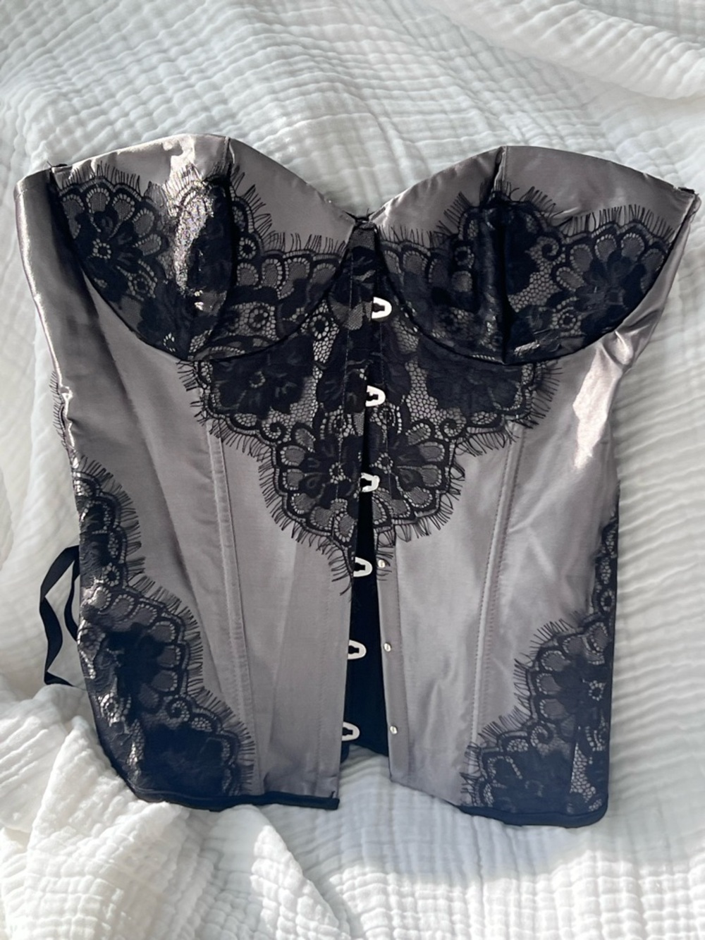 Y2K Silver Satin Corset Top Black Lace Bustier Hook Front Vintage Lingerie